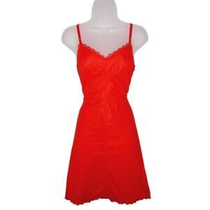 Vintage 60s Formfit Rogers Shaping Slip Dress 34 Short Coral Red Lace Trim Pinup
